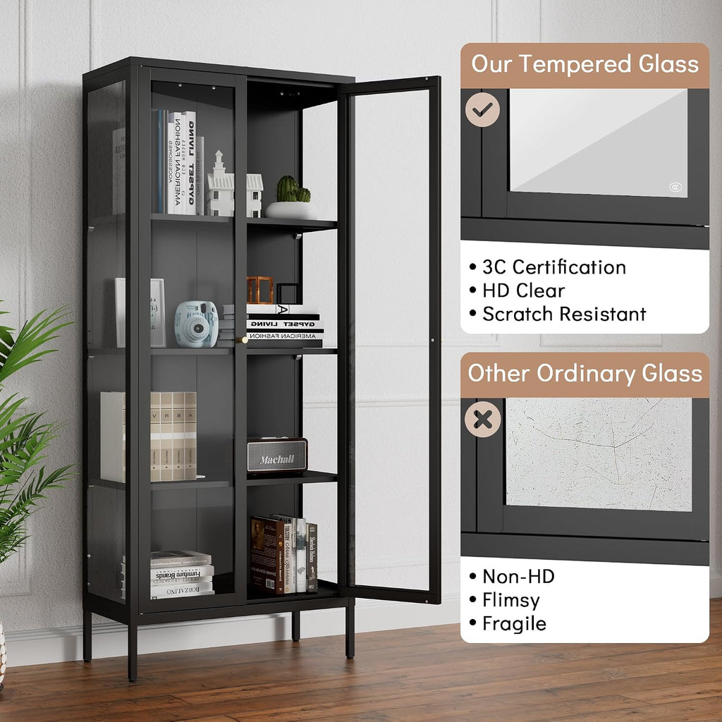 Polup Display Cabinet with 3 Side Tempered Glass, 66' Tall Curio Cabinet with Glass Doors, Black Display Case for Collectibles, Metal Storage Cabinet & Bookcase for Living Room, Assemble Required