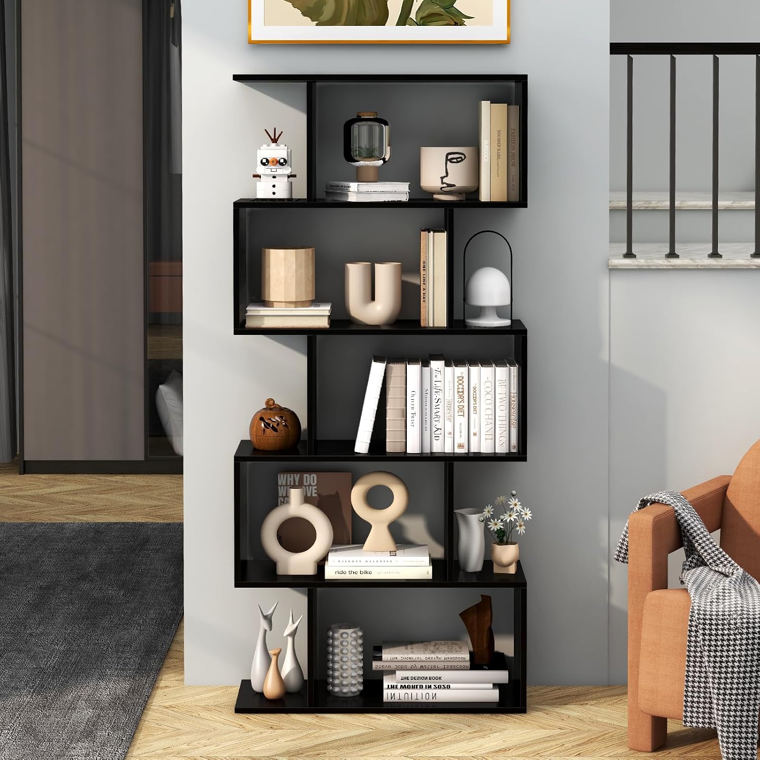 Tangkula 5-Tier Geometric Bookshelf, S Shaped Bookcase w/Anti-Toppling Device, Freestanding Room Divider, Industrial Home Office Decor Wood Open Storage Display Shelf for Living Room (2, Black)
