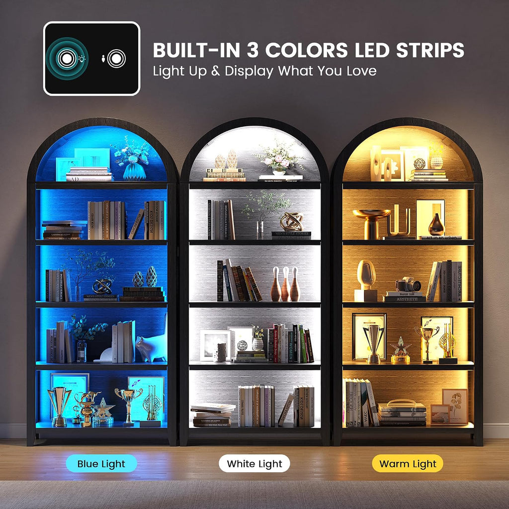 Arched Bookcase - 5 Layers Bookshelf with 3 Colors LED Sensor Lights and Thickened Wooden Design Display Shelf for Lego Books Bathroom Living Room - Ideal Gift (Black)