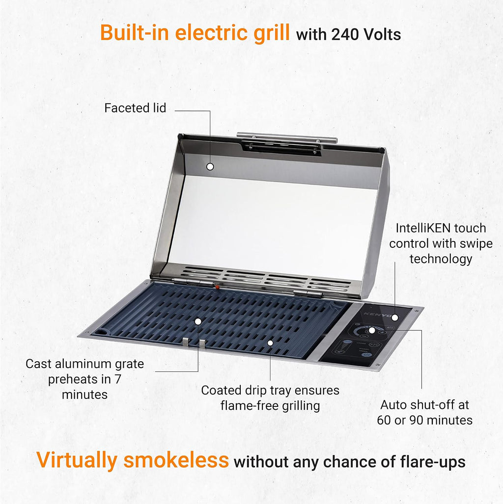 Kenyon Frontier Built-in Electric Grill, Single Burner With IntelliKEN Touch Control, Stainless Steel Body, Rust-Proof Grill, UL-Approved For Indoor And Outdoor Use, Dishwasher Safe Grate, 240 Volts