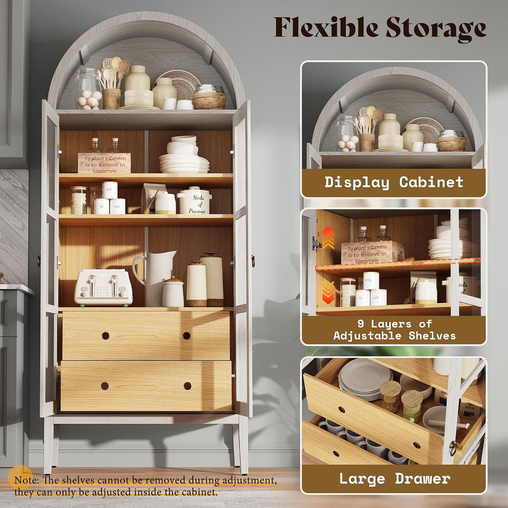 AMERLIFE Set of 2 71' Tall Arched Storage Cabinet with Glass Doors & Drawers, Modern Bookshelf with Adjustable Shelves, Elegant Display Cabinet for Living Room, Kitchen, White