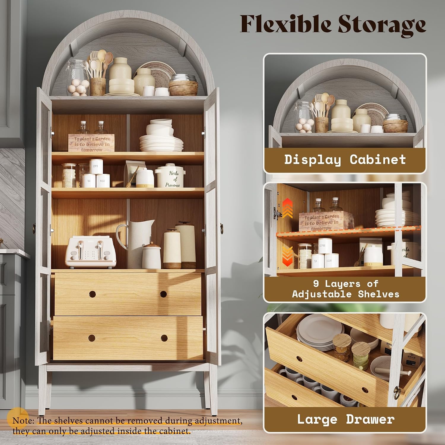 AMERLIFE Set of 2 71' Tall Arched Storage Cabinet with Glass Doors & Drawers, Modern Bookshelf with Adjustable Shelves, Elegant Display Cabinet for Living Room, Kitchen, White
