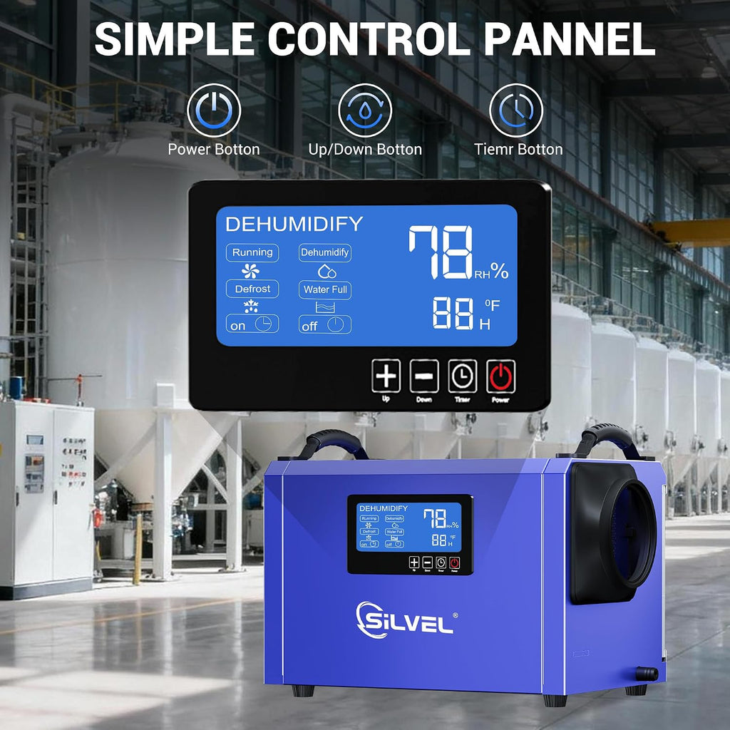 SILVEL 145 Pints Crawl Space Dehumidifier with Drain Hose, Portable Commercial Dehumidifier for Basement and Whole Home, Smart Automatic Defrost, Memory Start, Up to 6000 Sq.Ft, Blue