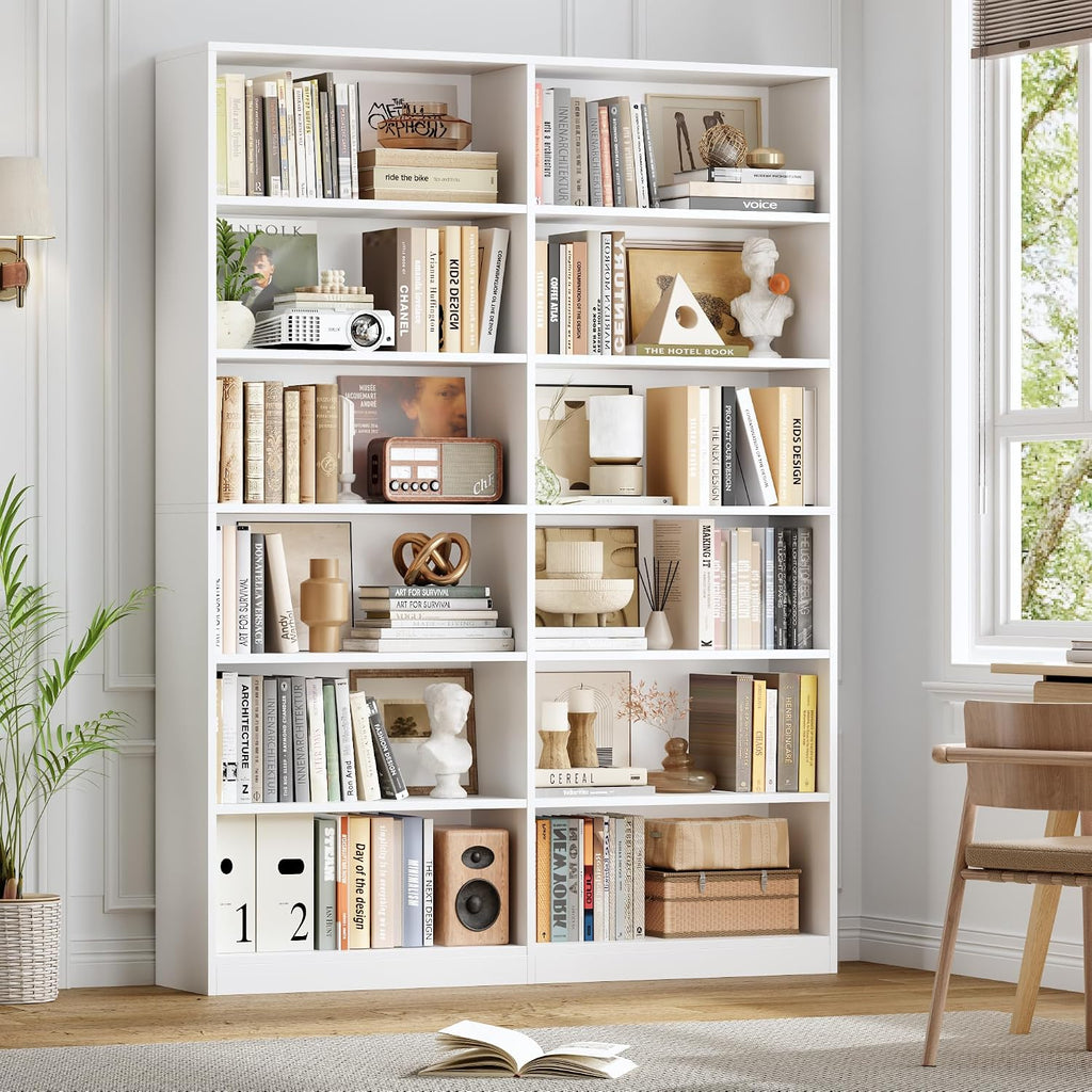 FACBOTALL Bookshelf and Bookcase, 6-Tier Double Wide Bookshelves,Freestanding Display Storage Shelves, Tall Bookcases for Home Decor Bedroom, Living Room, Home Office,White