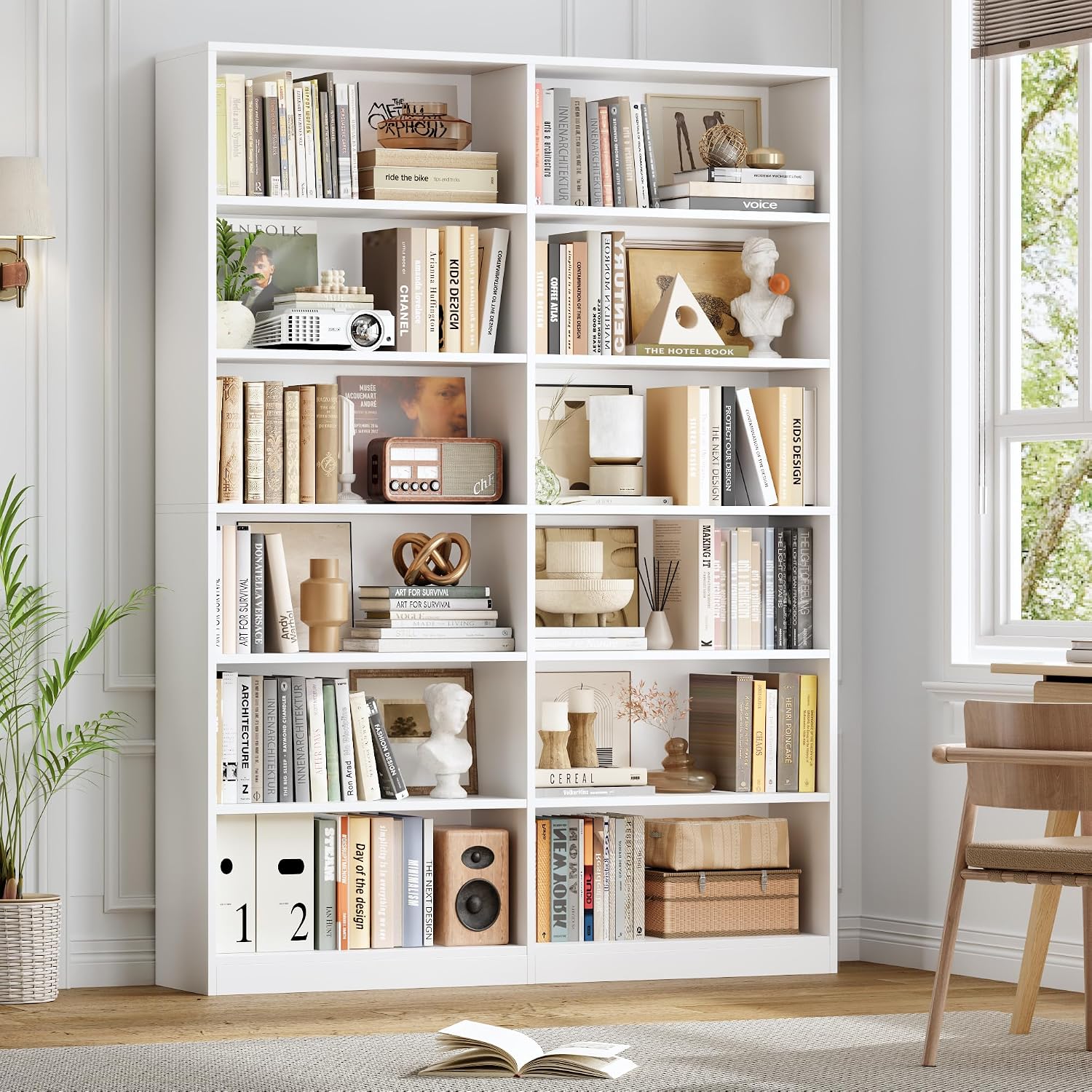 FACBOTALL Bookshelf and Bookcase, 6-Tier Double Wide Bookshelves,Freestanding Display Storage Shelves, Tall Bookcases for Home Decor Bedroom, Living Room, Home Office,White