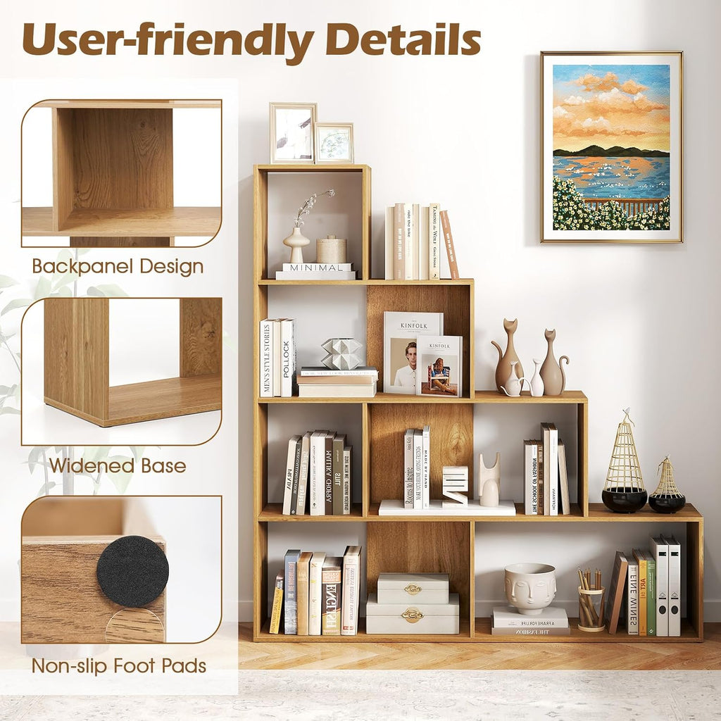 Tangkula 4-Tier Stepped Bookshelf, Freestanding 6 Cubes Ladder Bookcase with Anti-Tipping Kits, 64' Tall Modern Wooden Storage Display Rack for Home Office Living Room Study (1, Natural)
