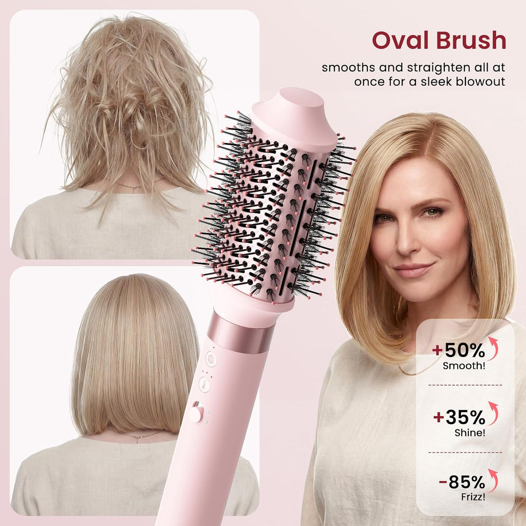 MESCOMB 6 in 1 Hot Air Styler Wrap, Professional Hair Styler with Thermal Round Brush for Blowouts, Fast Drying for Blow Dry, Curling, Volumizing, Straightening, Salon Results in Minutes (Light Pink)
