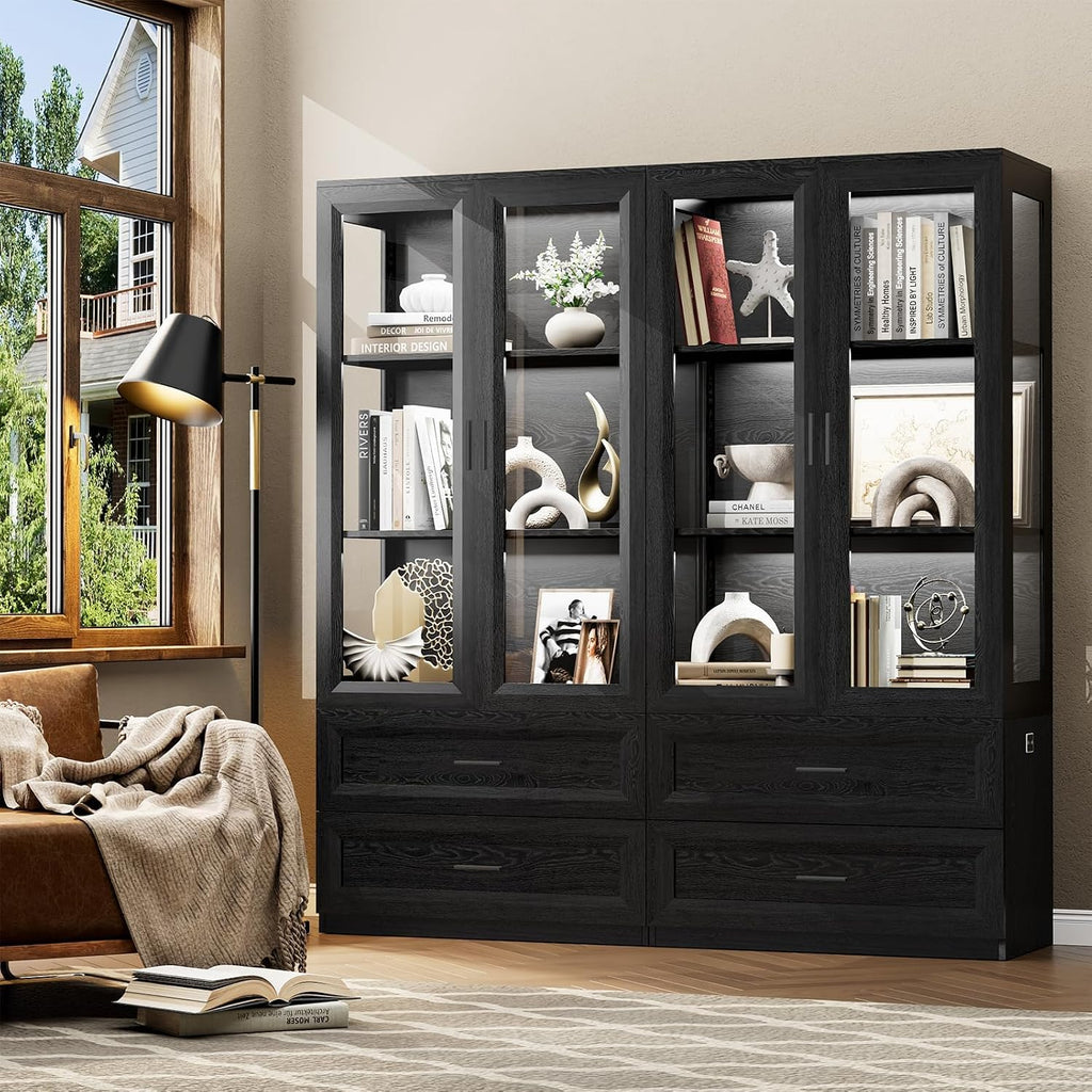 BROTTAR Display Cabinet with LED Lights, Curio Storage Cabinet with Acrylic Doors & 2 Drawers, 67' Bookcase Display Case for Collectibles, Human Body Sensor, Home Office, Living Room, Black