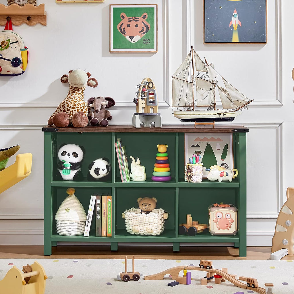 Joaxswe 6 Cube Storage Organizer, Farmhouse Green 47 Inch Wide Horizontal Bookshelf, Wooden 2 Tier Display Book Shelf, Rustic Low Book Case for Living Room (Green, 6 Cube (13.6'D x 47.24'W x 29.7'H))
