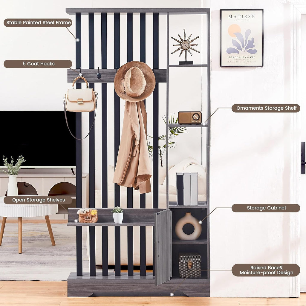 Room Divider with Shelves, Wall Room Divider Bookshelf, Freestanding Wood Privacy Screen with Storage Cabinet, Coat Rack, Display Shelf for Living Room Separation, Home Office Decorative (Grey)