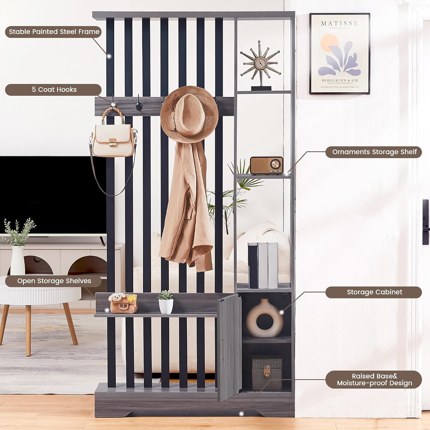 Room Divider with Shelves, Wall Room Divider Bookshelf, Freestanding Wood Privacy Screen with Storage Cabinet, Coat Rack, Display Shelf for Living Room Separation, Home Office Decorative (Grey)