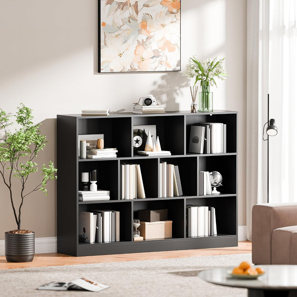 Cozy Castle Black Bookshelf, 3-Tier Open Shelf Bookcase, 10 Cube Storage Organizer with Anti-Tilt Device for Bedroom, Living Room, 55.11' W x 11.61'D x 40.94'H