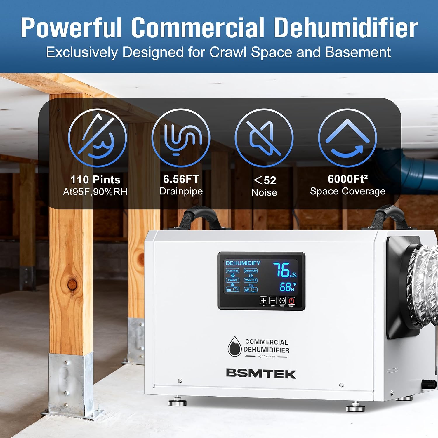 145 Pints Commercial Dehumidifier for Large Basements & Crawl Spaces up to 6500Sq.Ft, Industrial Dehumidifiers for Water Damage Restoration, Auto Defrost, Continuous Drain Hose, Memory Function, White