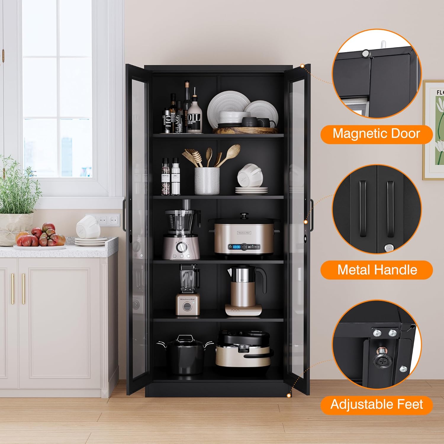 Glass Display Cabinet with 4 Adjustable Shelves, 71' Tall Curio Cabine with Tempered Glass Door, Liquor Cabinet with Lock, 5-Tier Bookcase Storage Cabinet for Home, Study, Living Room (Black)
