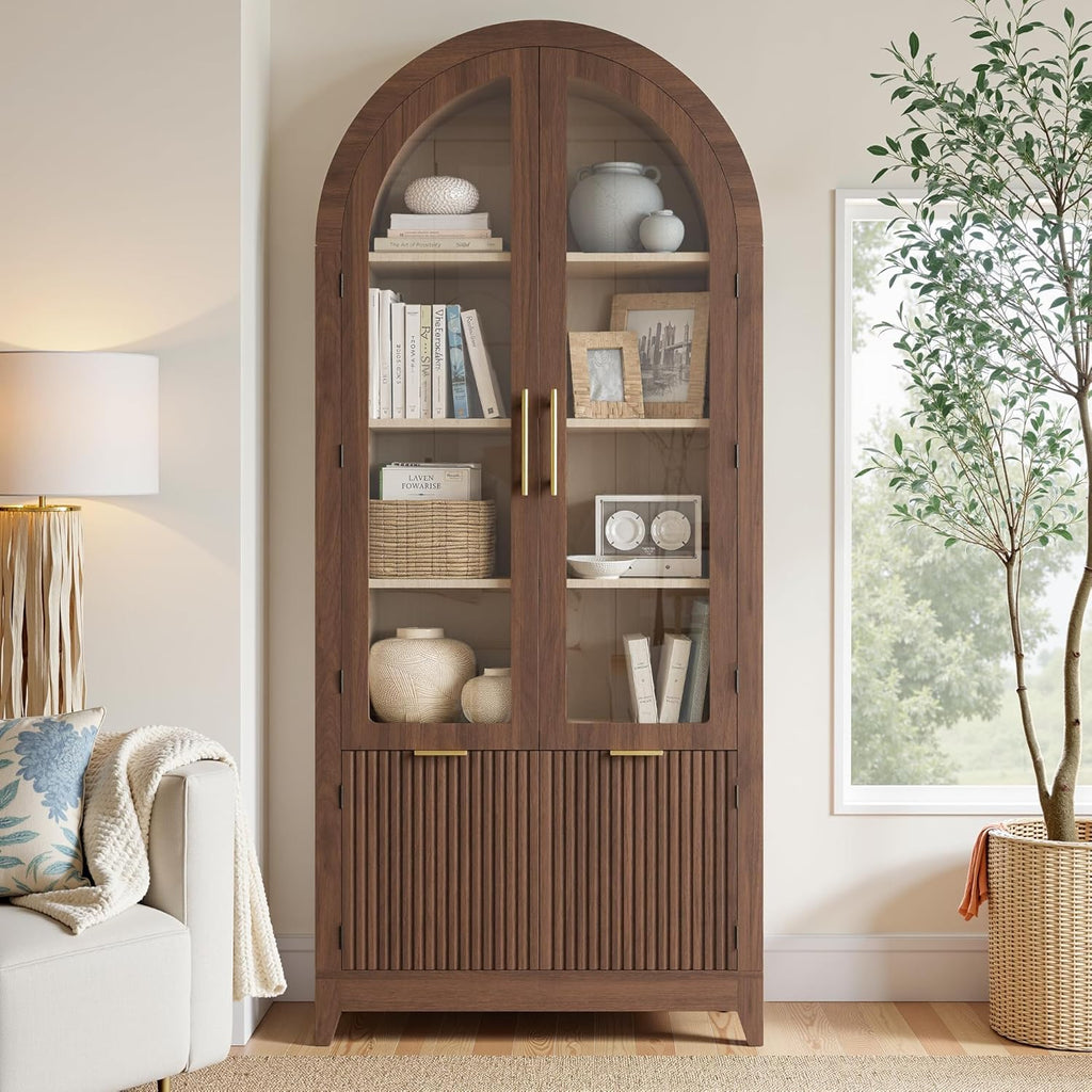win2win Tall Arched Cabinet with Glass Doors, 69' Pantry Storage Cabinets with Fluted Doors & Adjustable Shelves, Mid Century Modern Wood Display Bookcase for Kitchen, Living Room, Bathroom, Walnut