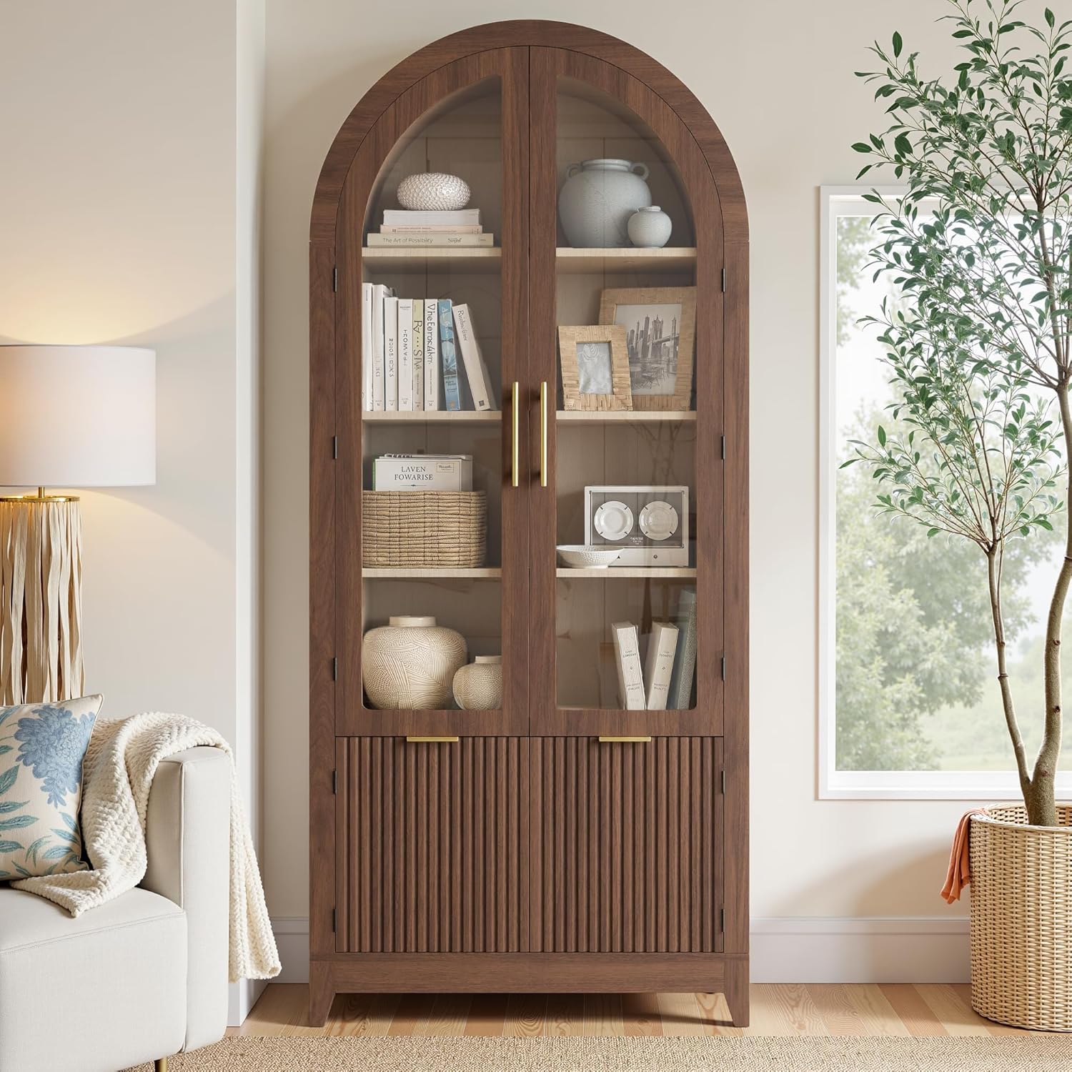 win2win Tall Arched Cabinet with Glass Doors, 69' Pantry Storage Cabinets with Fluted Doors & Adjustable Shelves, Mid Century Modern Wood Display Bookcase for Kitchen, Living Room, Bathroom, Walnut