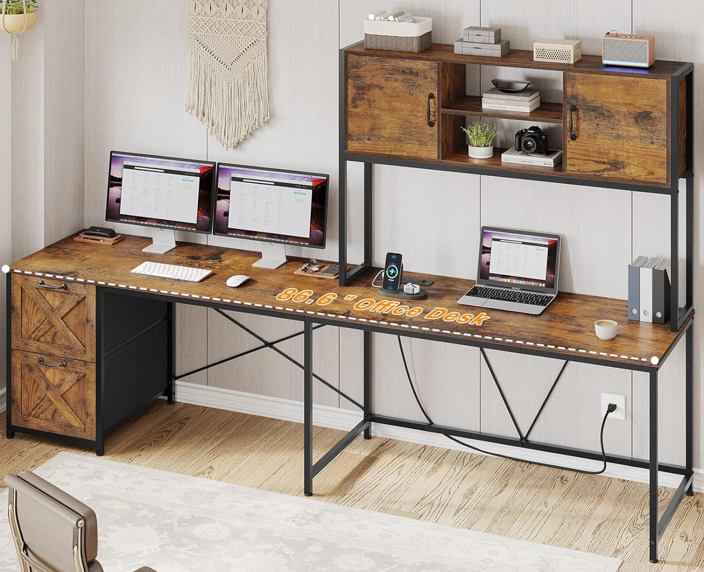 SEDETA L Shaped Desk with Drawers, 62.2' Home Office Desk with Fabric File Drawers and Power Outlet, L Shaped Desk with Hutch, Storage Shelves, LED Lights, Rustic Brown
