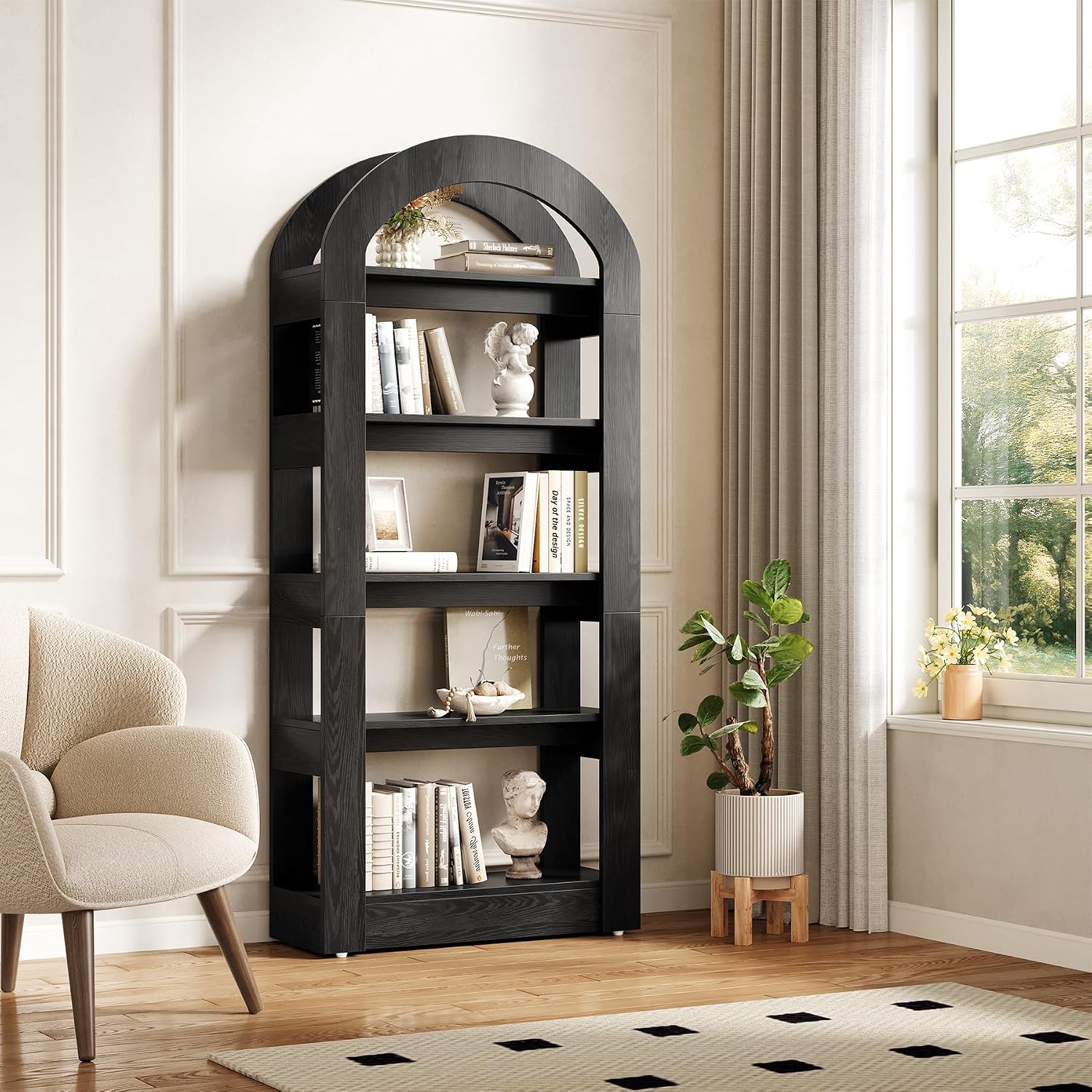 LITTLE TREE 5-Tier Bookshelf, Arch-Shaped Racks, Tall Standing Wooden Bookcase Display Shelf Modern Storage Solution (2, Black)