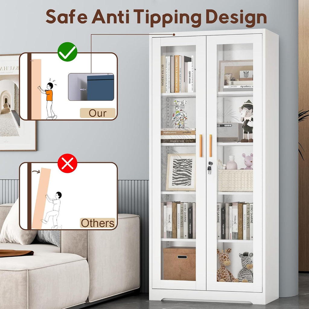 UNICOLY Lockable Display Cabinet with Glass Doors, Curio Cabinets with 4 Adjustable Shelves, Liquor Bookcase Bookshelf with Doors, Metal Storage Cabinet for Living Room Pantry, White