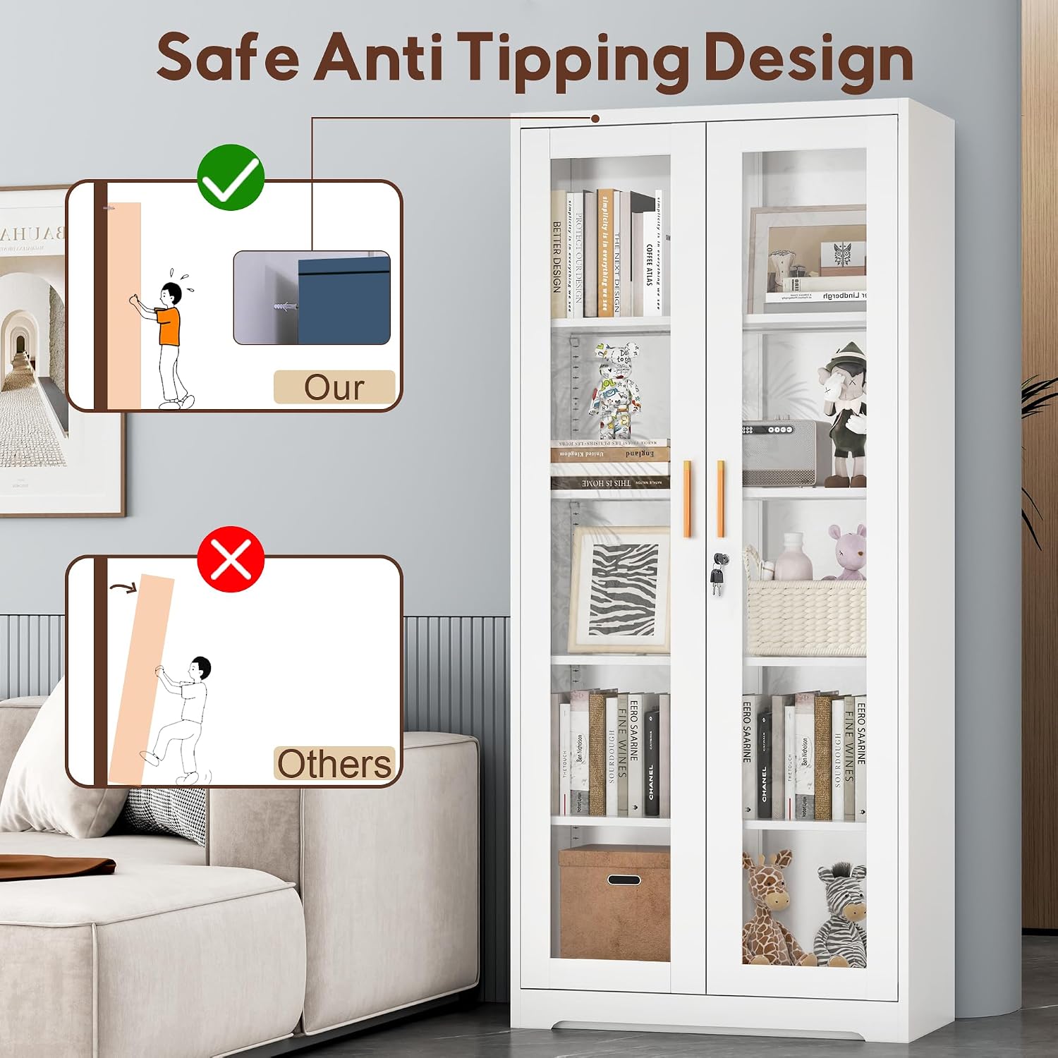 UNICOLY Lockable Display Cabinet with Glass Doors, Curio Cabinets with 4 Adjustable Shelves, Liquor Bookcase Bookshelf with Doors, Metal Storage Cabinet for Living Room Pantry, White