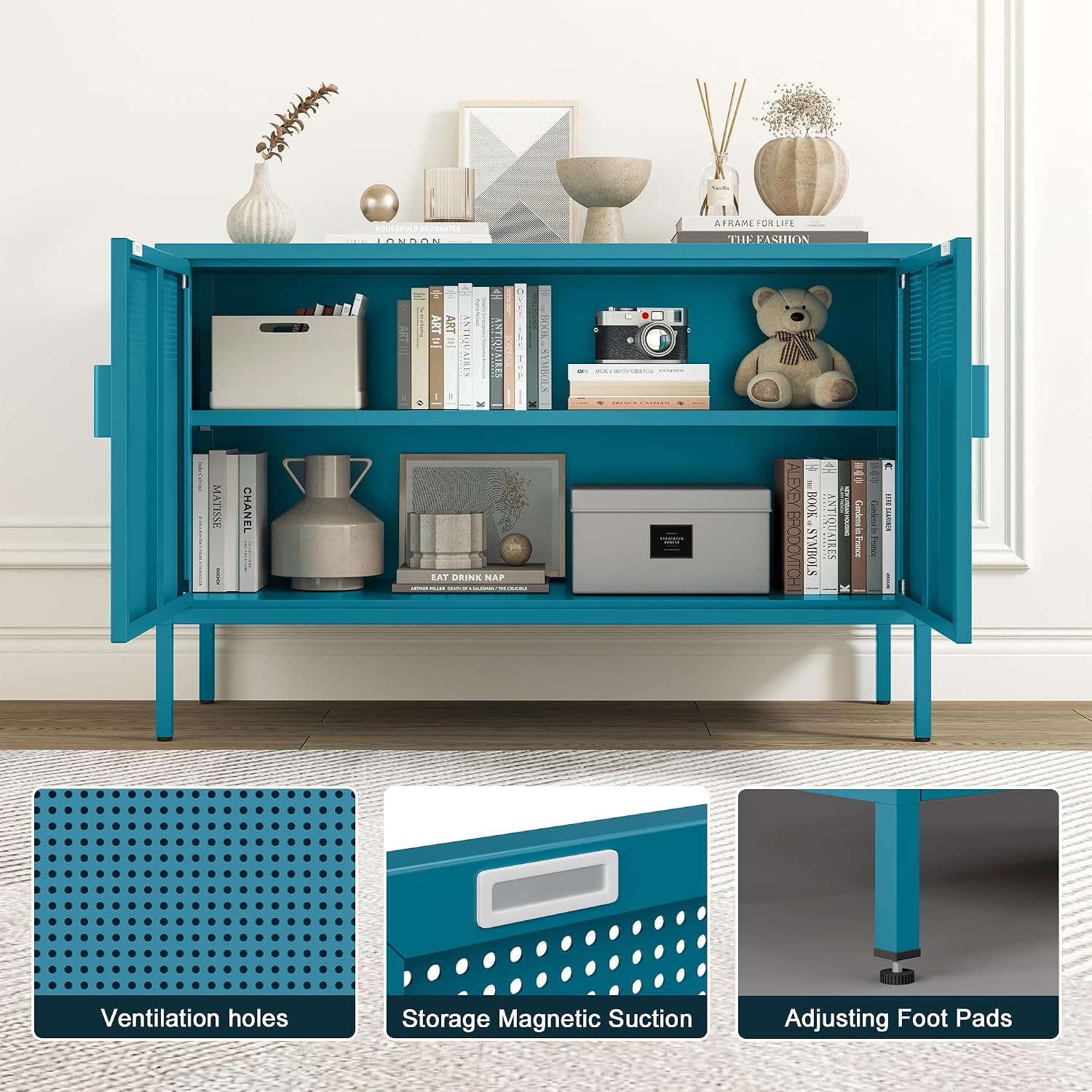 Chshin Metal Storage Cabinet with Doors,Blue Accent Cabinet,Metal Locker Storage Cabinets,2 Door TV Media Stand with Removable Shelves for,Home,Office,Entryway,Living Room