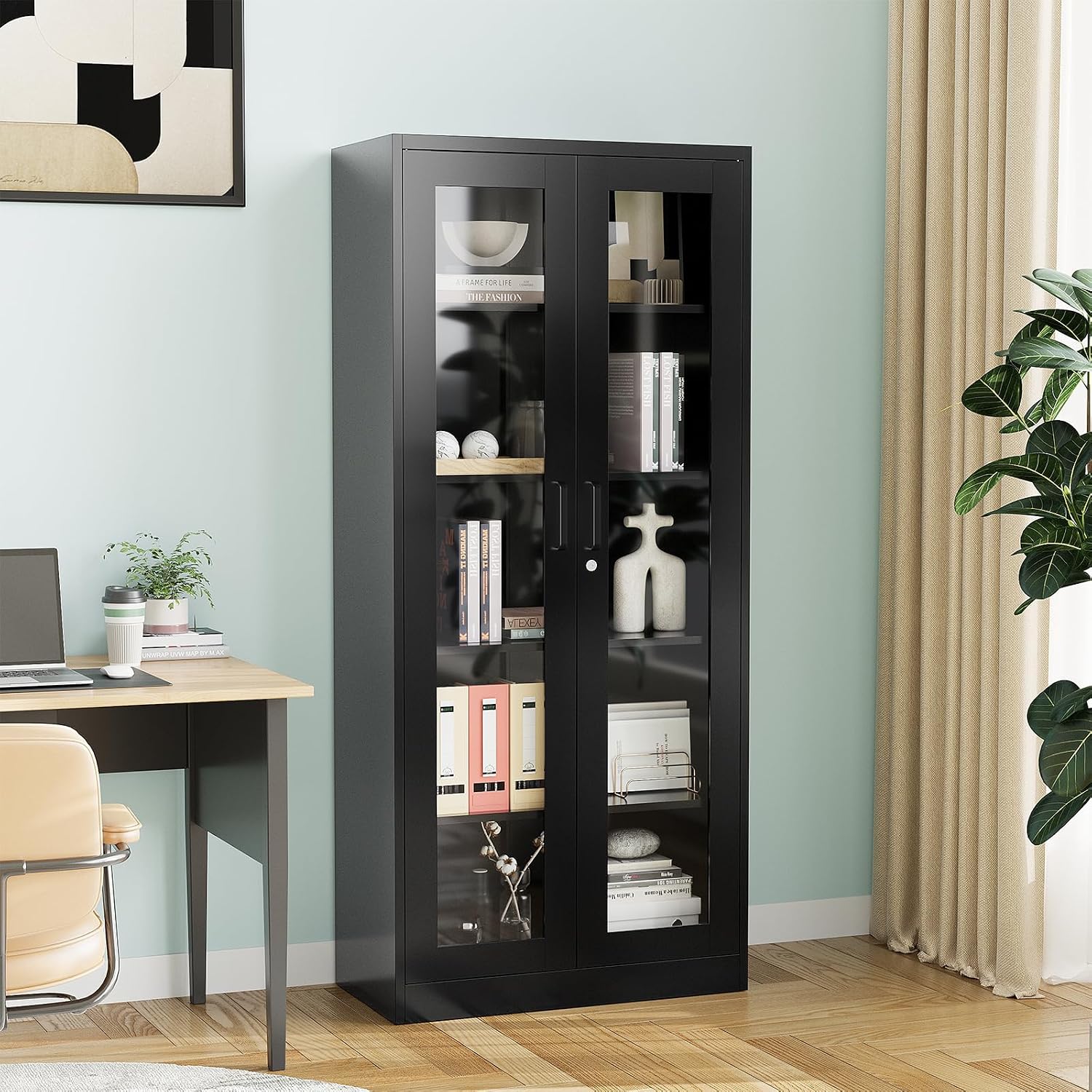 PEUKC Display Cabinet with Glass Doors, 71 Inches Metal Curio Storage Cabinets with 4 Adjustable Shelves, Locking Glass Cabinet Display Case for Home, Office, Clinic, Pantry (Black)
