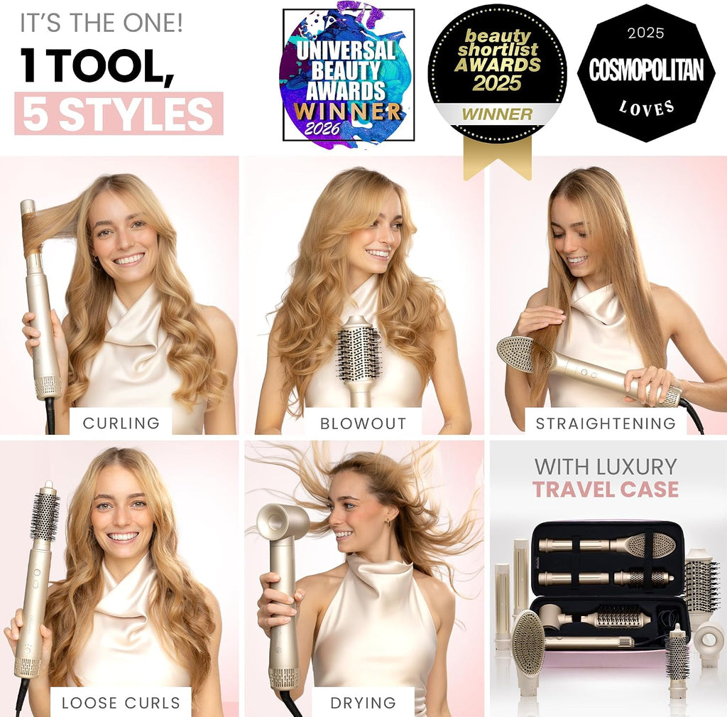 ELLA BELLA® 6 in 1 Professional Hot Air Styler • Powerful Hair Dryer & Straightener Set • Styling Without Heat Damage • Fast Drying Curling Volumizing Straightening • Includes Protective Travel Case