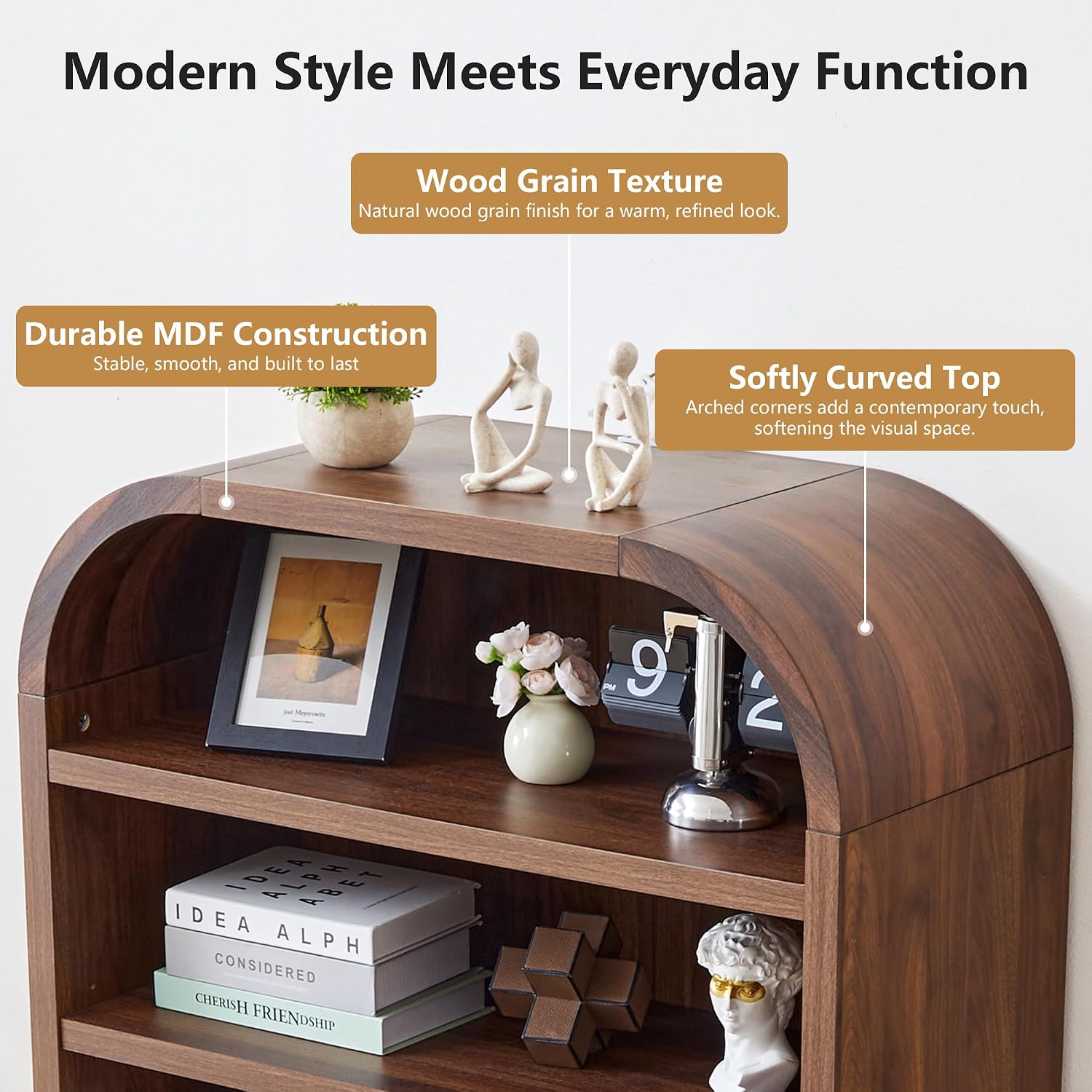 LEVNARY 70' Tall Arched Bookcase, 7-Tier Freestanding Storage Cabinet with Adjustable Shelves, Thick MDF Bookshelf for Bathroom Living Room Bedroom (Walnut)