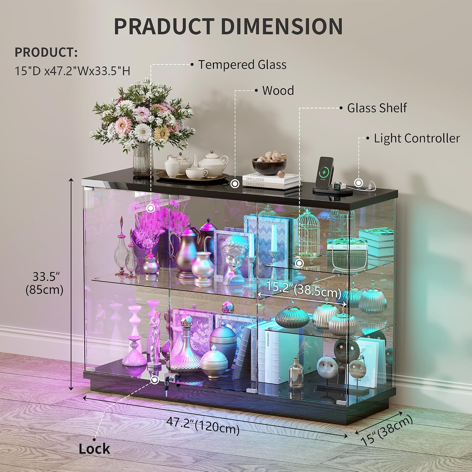 HNEBC 47.2' W Display Cabinet - with Lockable Glass Door,5-Tier Glass Display Case with 12 Lights Modes for Collectibles,Lighted Cuiro Cabinet with Human Sensor,China Cabinet,Living Room,Black