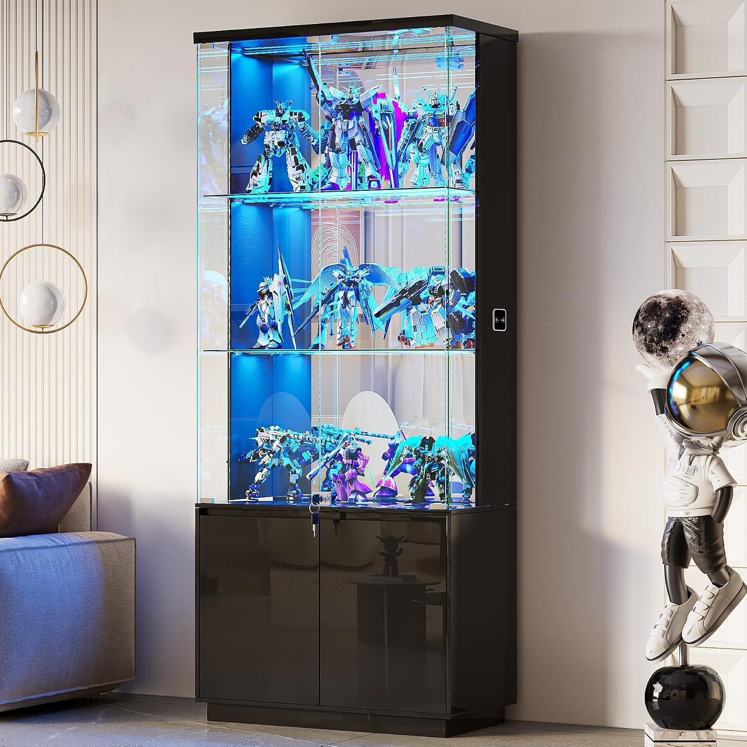 Lvifur 71' Glass Display Cabinet with Lights, Modern Curio Cabinet Display Cases for Collectibles, Locking Cabinet with Shelves & Drawers, Tall Bookcase with Human Body Sensor for Living Room (Black)