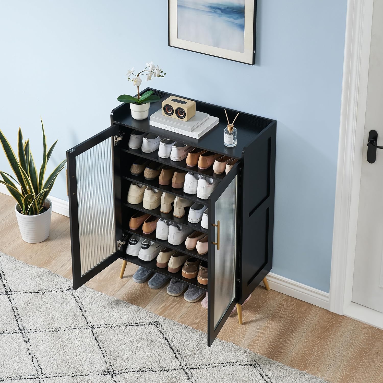 GarveeLife 5-Tier Shoe Cabinet with Glass Front Doors, Durable Storage Organizer Featuring Reinforced Support Legs, Modern Shoe Rack for Entryway or Front Door, Black Finish