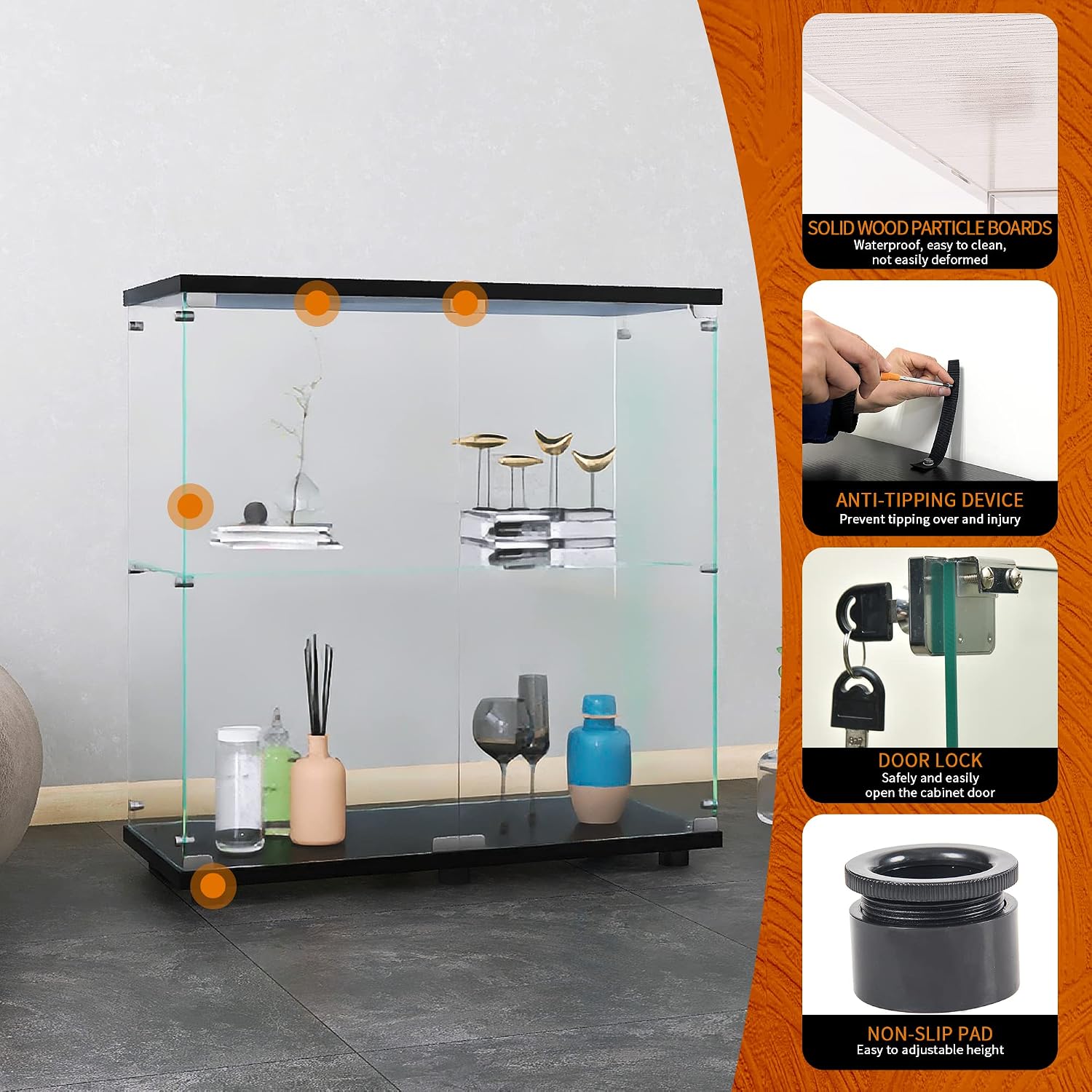 Beauty4U Glass Display Cabinet with 2 Shelves, 2 Doors Curio Cabinets for Living Room, Bedroom, Office, Black Floor Standing Glass Bookshelf, Quick Installation