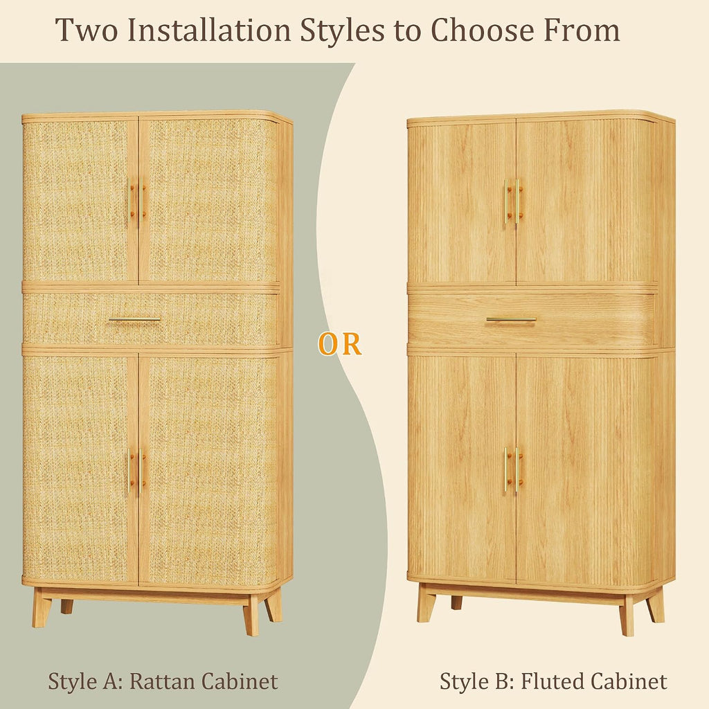 HUAHUU 71' Tall Pantry Cabinet, Kitchen Pantry Storage Cabinets with 4 Rattan Doors & Large Drawer, Modern Curved Storage Cabinet with 10 Storage Compartments for Dining Room, Living Room, Natural
