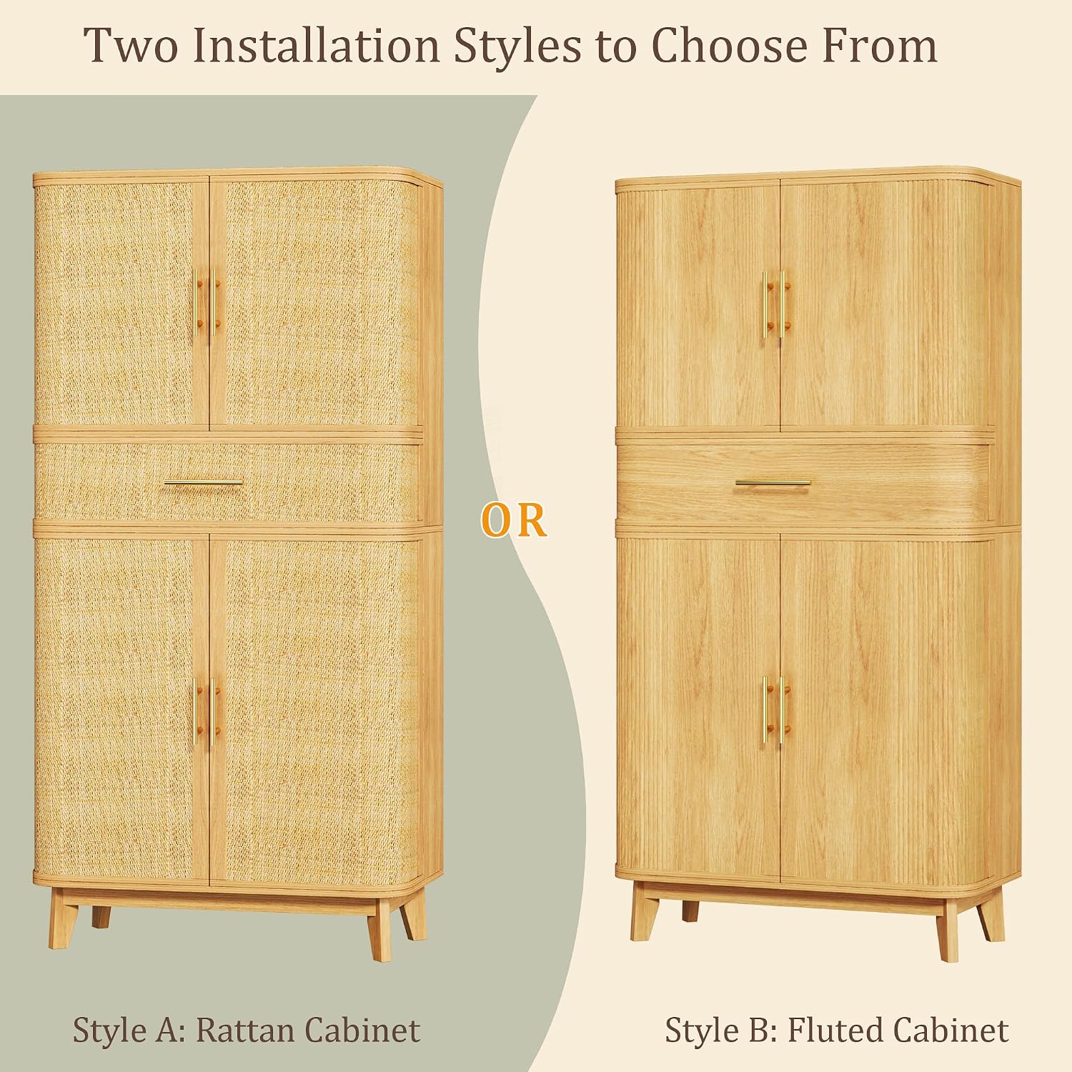 HUAHUU 71' Tall Pantry Cabinet, Kitchen Pantry Storage Cabinets with 4 Rattan Doors & Large Drawer, Modern Curved Storage Cabinet with 10 Storage Compartments for Dining Room, Living Room, Natural