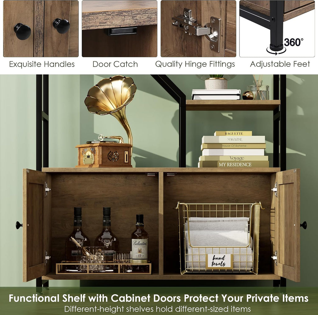 76' Tall Shelf with Storage Cabinet Doors, 6 Tier Open Bookshelf for Multi-use Display, Staggered Book Shelf Etagere Bookcase for Home Office/Living Room, Deep Metal & Wood Accent Shelf, Rustic Brown