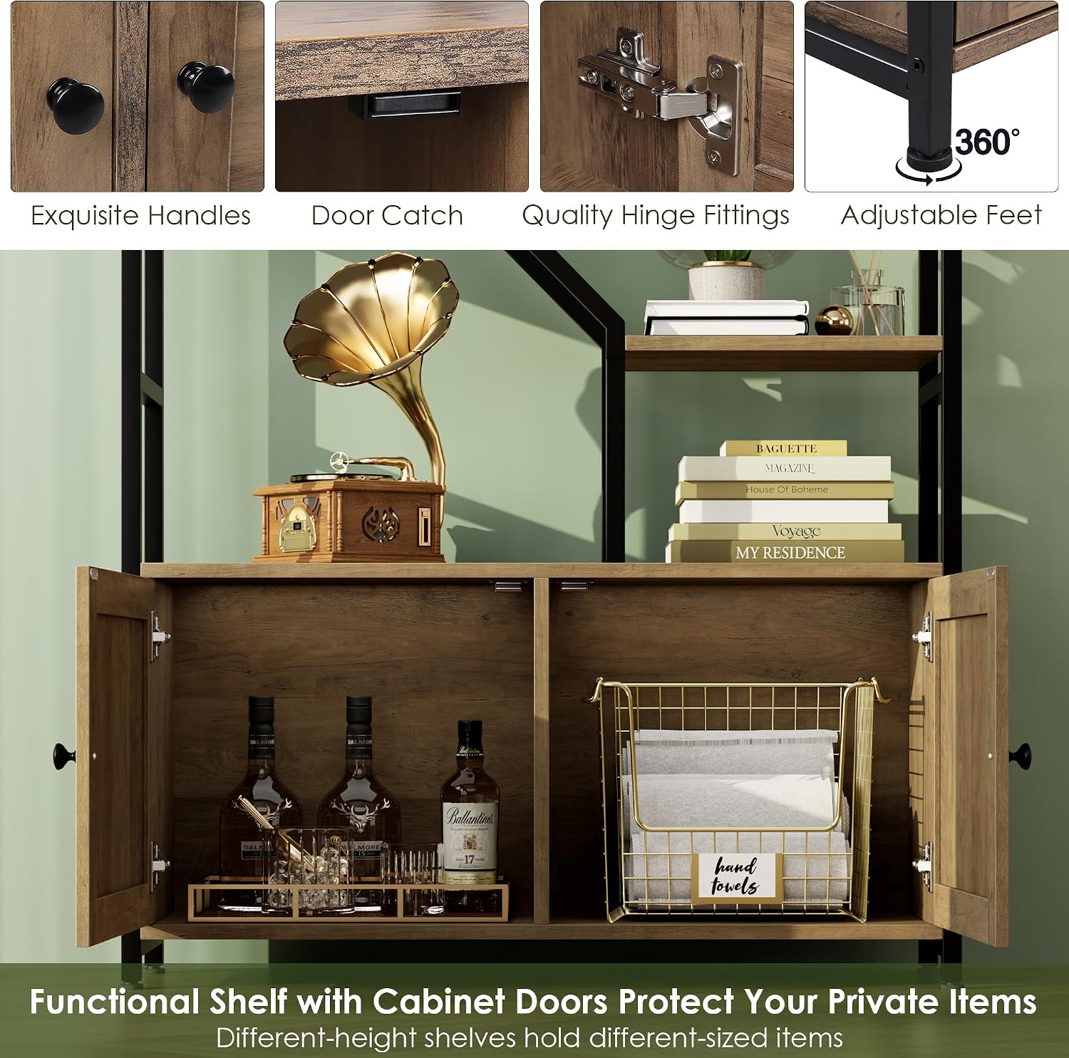 76' Tall Shelf with Storage Cabinet Doors, 6 Tier Open Bookshelf for Multi-use Display, Staggered Book Shelf Etagere Bookcase for Home Office/Living Room, Deep Metal & Wood Accent Shelf, Rustic Brown
