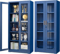 Polup Curio Cabinets with Glass Doors, 71' Glass Display Cabinet with Lock, Tall Bookcase with Adjustable Shelves, Locking China Cabinet for Living Room, School, Commercial, Office, Plant, Blue