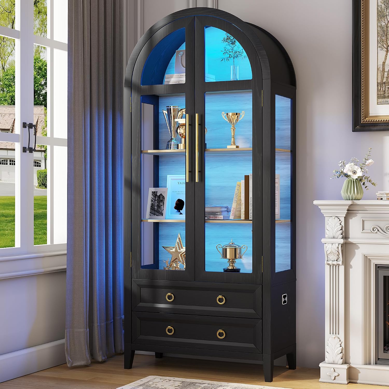 LVSOMT 71' Tall Arched Storage Cabinet with Glass Doors and Drawers, Curio Display Cabinet with Adjustable LED Light & Human Sensor, 4-Tier China Cabinet for Living Room(Black+Wood)