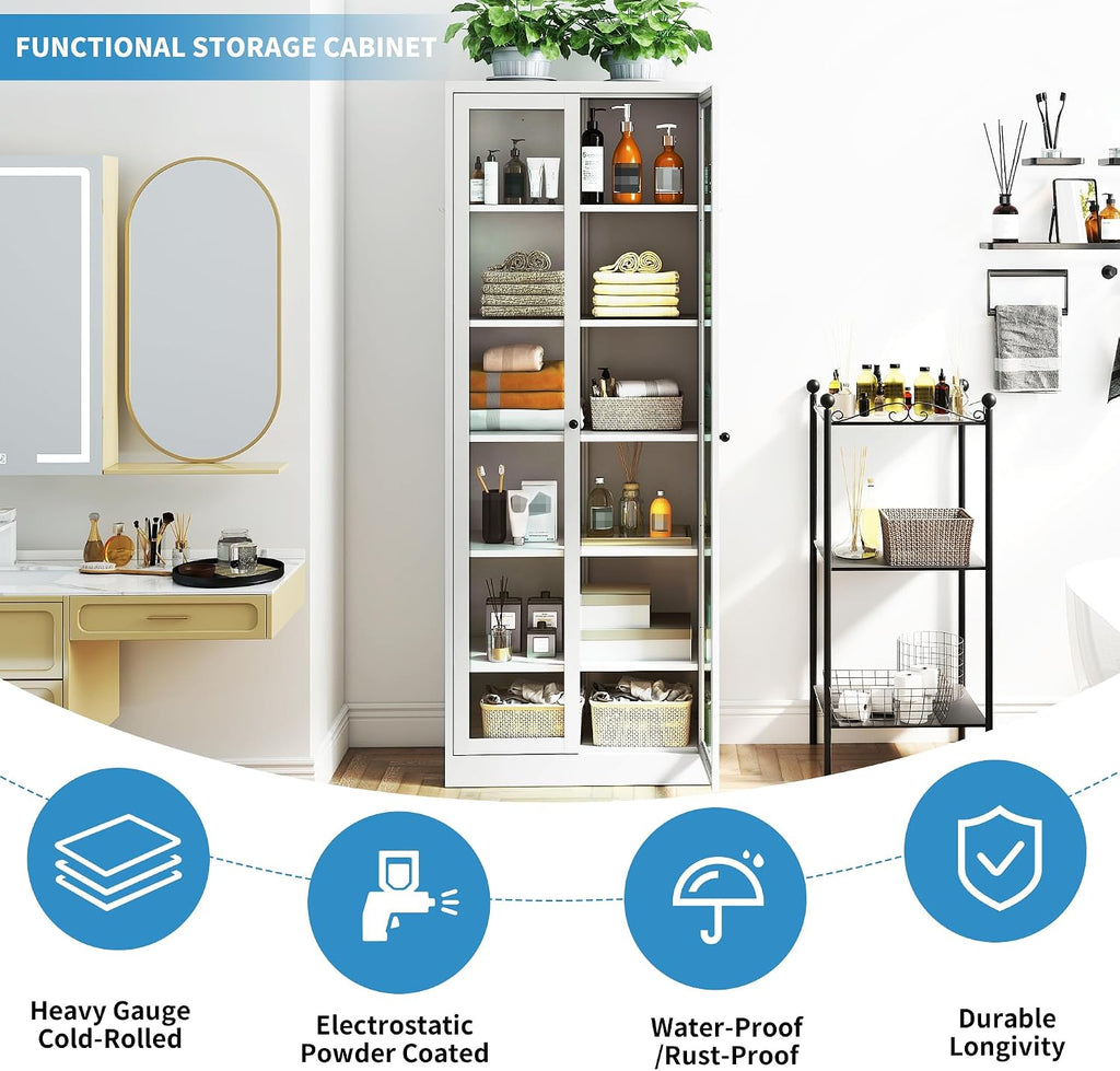 Metal Storage Cabinet with 5 Adjustable Shelves, Display Cabinet with Glass Doors, 72' Tall Kitchen Pantry Cabinet, Steel Cupboard for Home Office Living Room, Assembly Required (White)