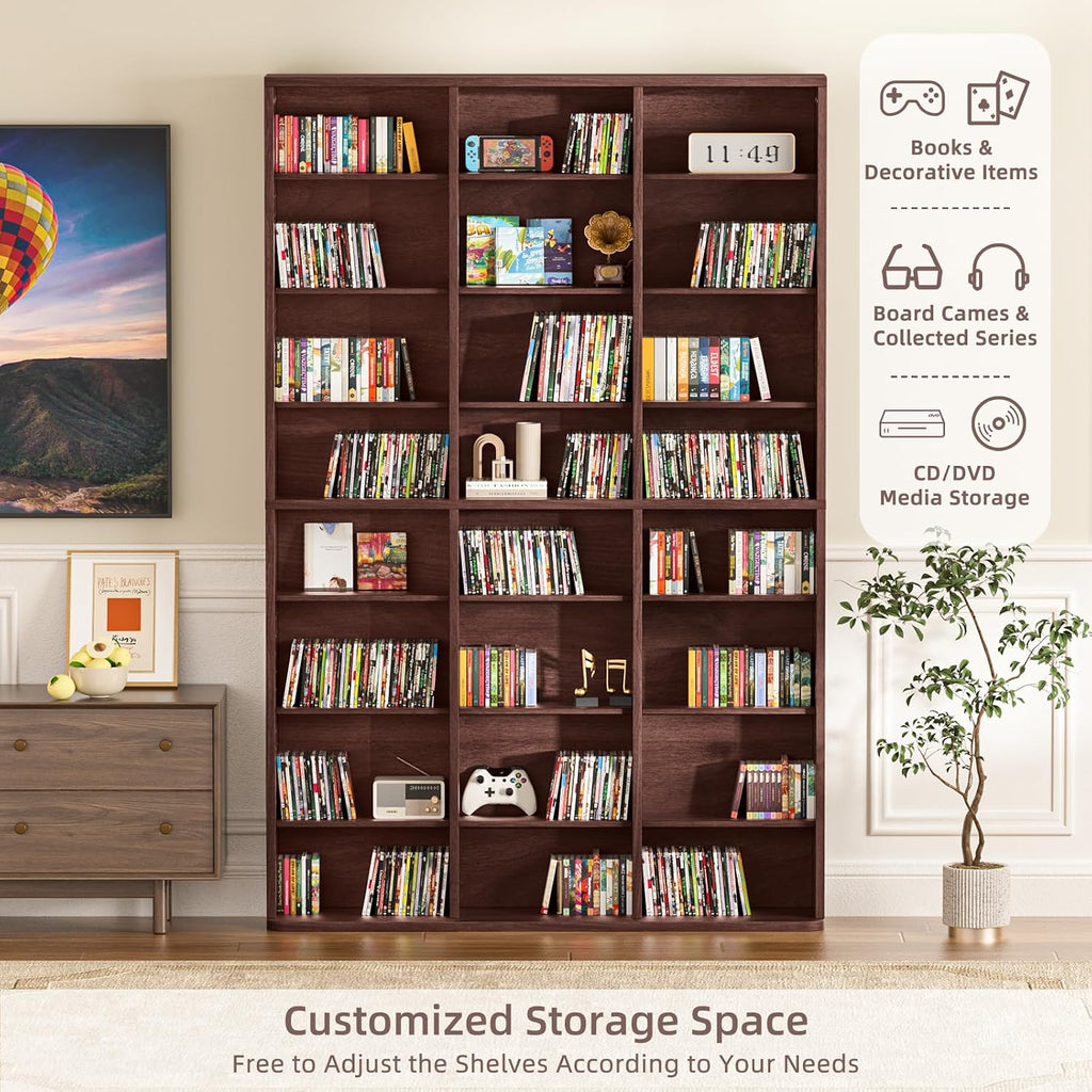 LELELINKY 8 Tier Tall Display Cabinet, Walnut Media Storage Cabinet with Adjustable Shelves, Free Standing DVD Organizer Shelf, Floor Multimedia Storage Manga Bookshelf for Living Room & Home Office.