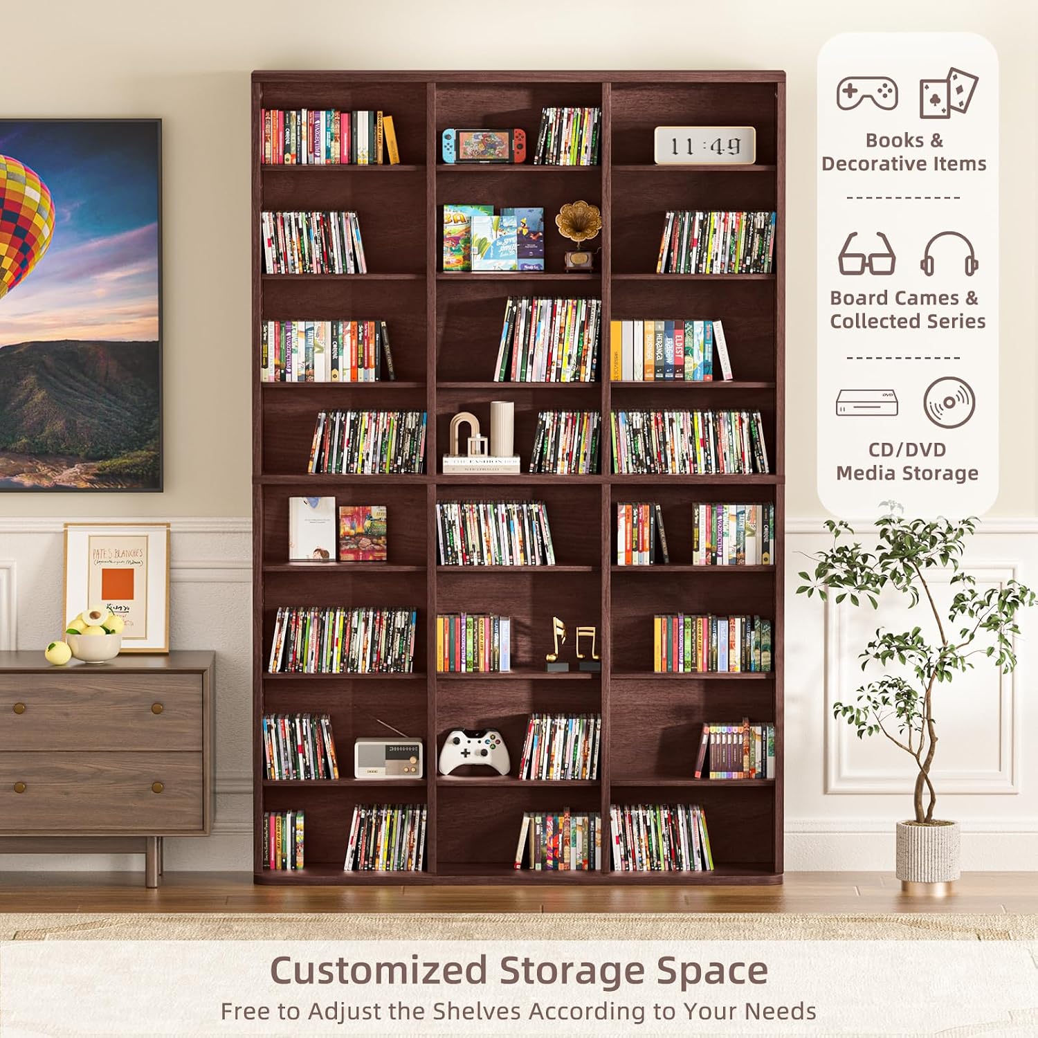 LELELINKY 8 Tier Tall Display Cabinet, Walnut Media Storage Cabinet with Adjustable Shelves, Free Standing DVD Organizer Shelf, Floor Multimedia Storage Manga Bookshelf for Living Room & Home Office.