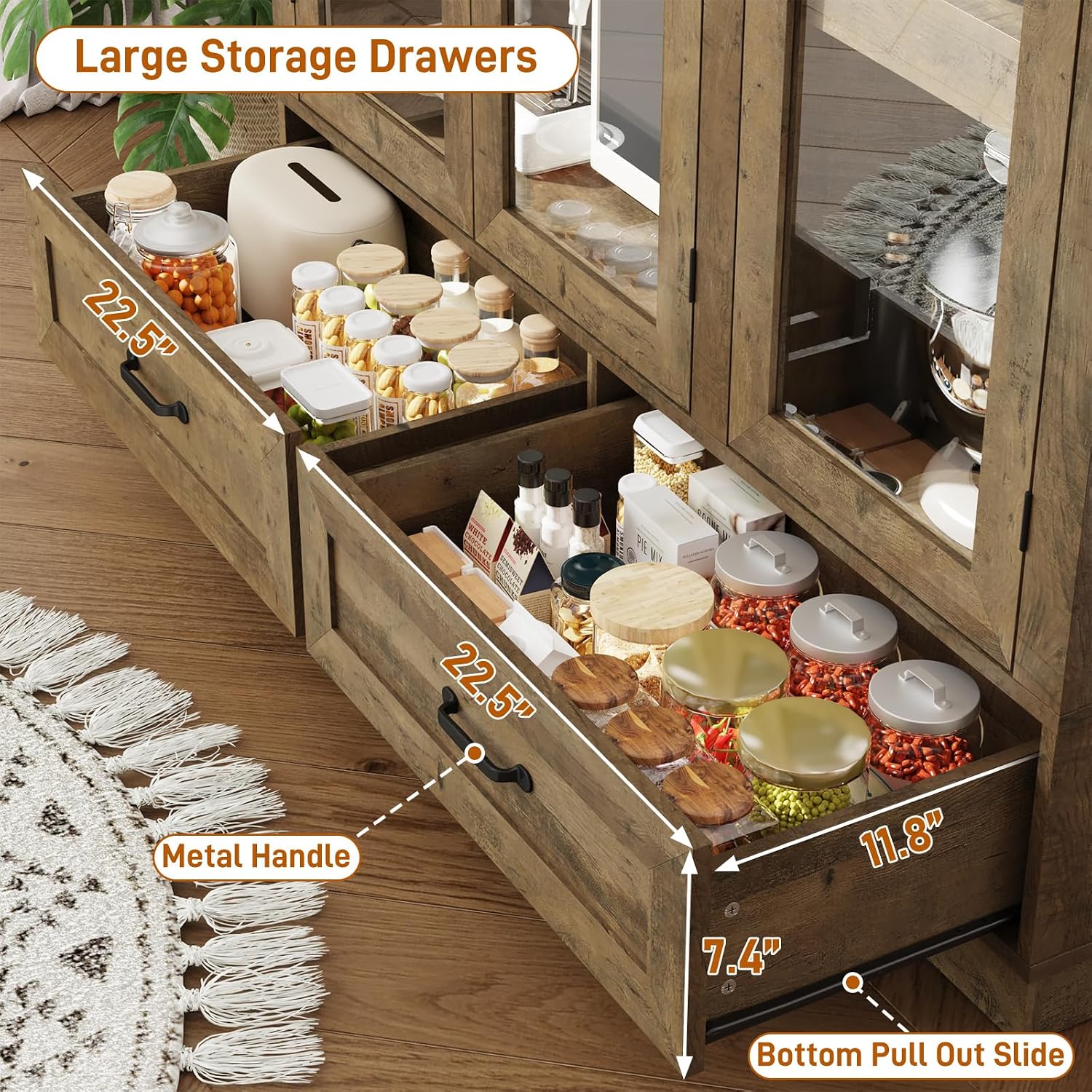 chartustriable 73' Tall Arched Kitchen Pantry Cabinet w Load-Bearing Steel Pipe,Modern Farmhouse Kitchens Storage Cabinet with Drawer and Glass Doors,Tall Arched Bookcase,Pantry Organizer(Natural)