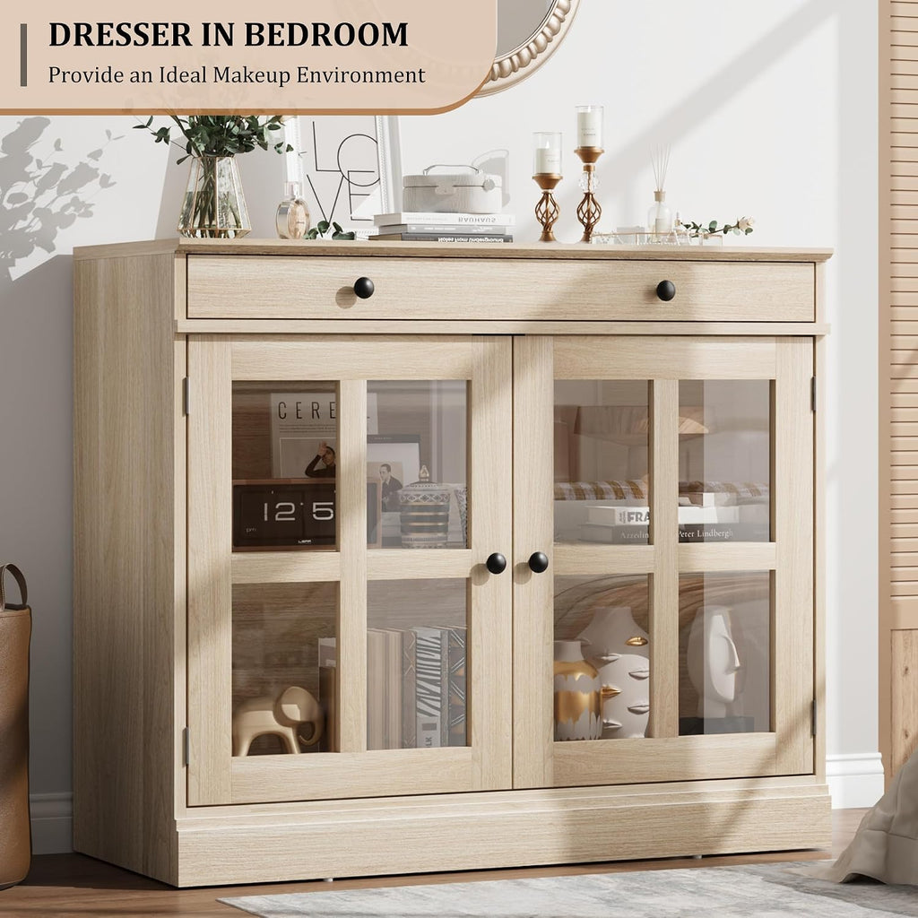 GarveeHome 35.4 in Sideboard Buffet Cabinets with Glass Door, Buffet Cabinet with Storage, Oak Sideboard Cabinet with Drawer, Modern Buffets & Sideboards for Dining Room, Kitchen