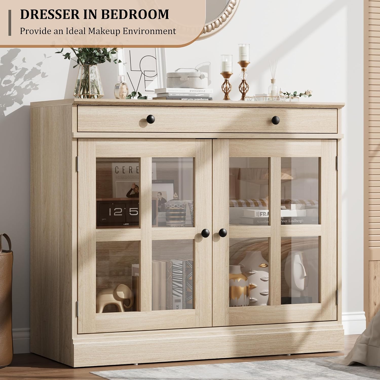 GarveeHome 35.4 in Sideboard Buffet Cabinets with Glass Door, Buffet Cabinet with Storage, Oak Sideboard Cabinet with Drawer, Modern Buffets & Sideboards for Dining Room, Kitchen