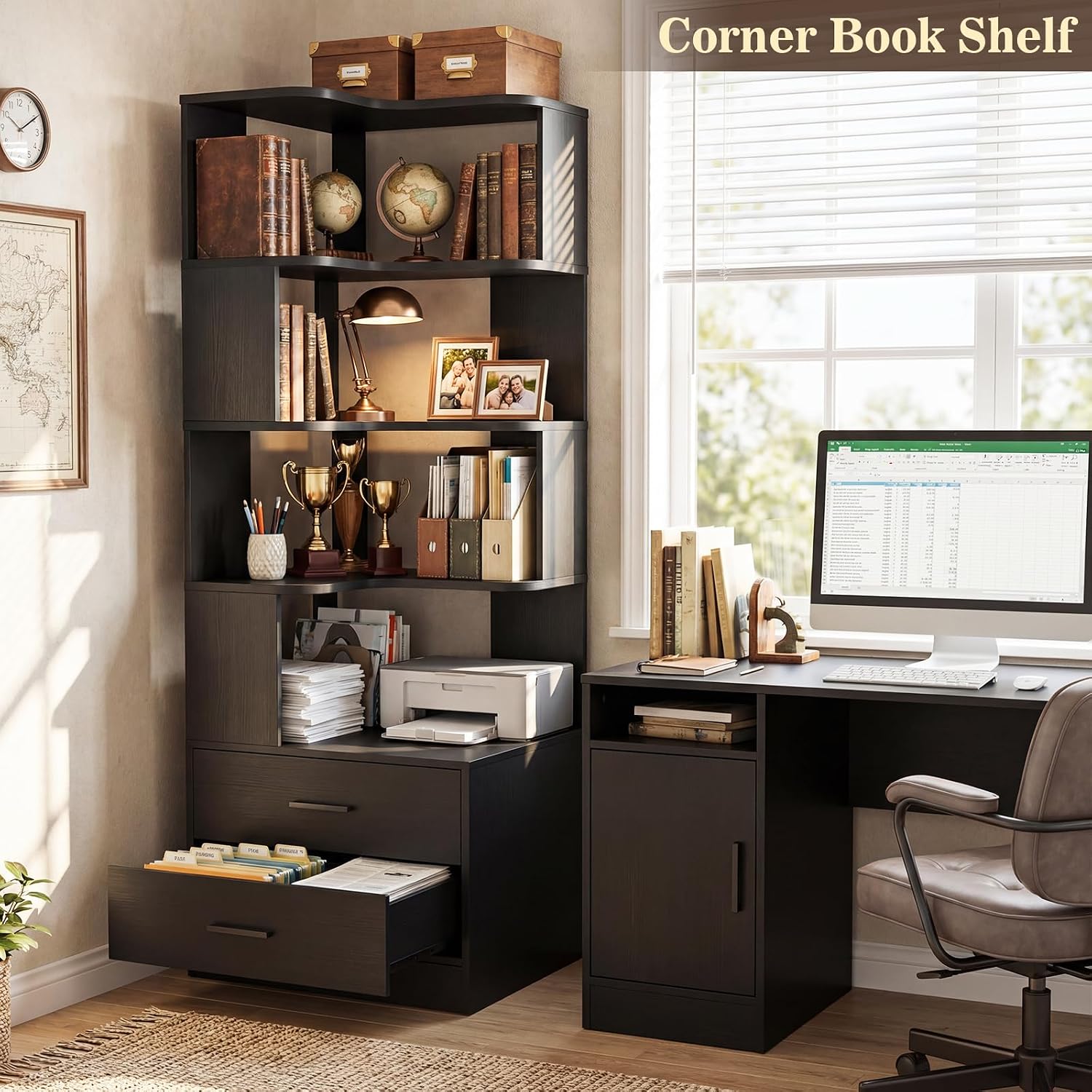 Armocity Corner Bookshelf with Drawers, 7 Tier Corner Book Shelf Display Bookcase, Freestanding L Shaped Bookshelf for Bedroom, Home Office, Black