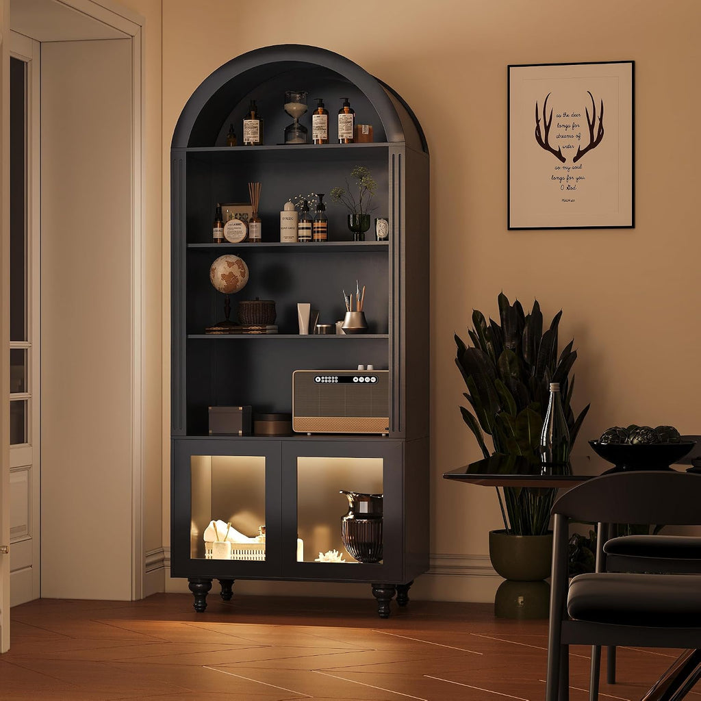 Wildhome Wooden Arched Display Storage Cabinet with Glass Door, LED Lights,Showcase for Collections, Perfume, Vinyl Albums, Bookcase for Home Office, Living Room, Clinic, Pantry (Black-Arched top)