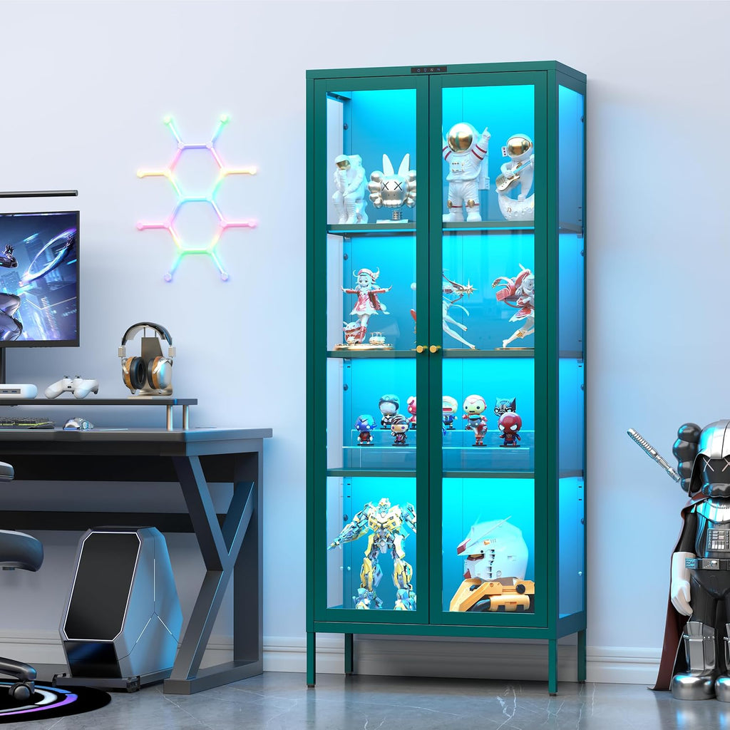 UNICOLY Display Cabinet with Glass Doors, Glass Display Cabinet with 8 Color LED Lights, Curio Display Cabinet with 3 Shelves for Living Room, Plant, Display Shelf, Assembly Required, Green