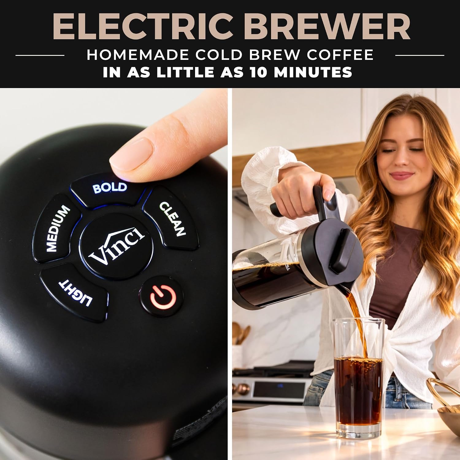 VINCI Express Cold Brew, Electric Cold Brew Coffee Maker in 10 minutes, 3 Brew Strength Settings & Cleaning Cycle, Easy to Use & Clean, Glass Carafe (2.0 Liters / 68 Fl.oz) Capacity