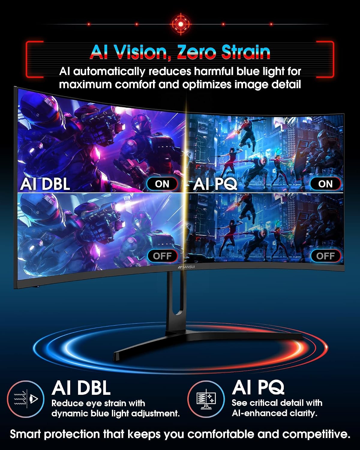 SANSUI 34 Inch UWQHD 200HZ Curved Gaming Monitor, FastVA 3440x1440P Ultrawide 1500R Curved Gaming Computer Monitor 21:9 with PIP PBP, AI Tech Enhance, 2xHDMI2.1 DP1.4 Ports(HDMI2.1 Cable Incl.)