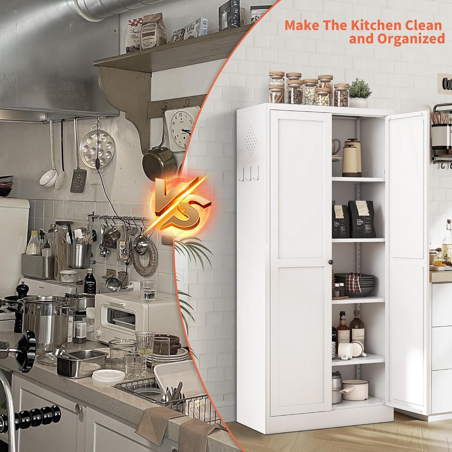 61' Kitchen Pantry Cabinet with 2 Doors and 4 Shelves,White Metal Garage Storage Cabinets,Freestanding Steel Tool Cabinet Utility Cabinets Cupboard for Kitchen,Living,Dining Room,Bathroom